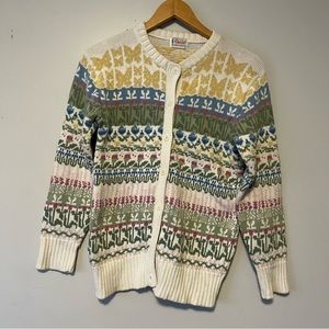 Vintage pastel fair isle butterfly floral 100% cotton cardigan sweater medium